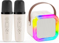 JJYEITUO Mini Karaoke Machine for Kids with 2 Wireless Mics, LED Lights, Voice Change, Beige