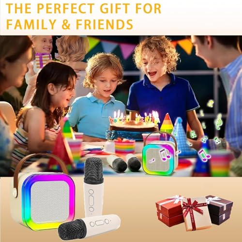 JJYEITUO Mini Karaoke Machine for Kids with 2 Wireless Mics, LED Lights, Voice Change, Beige