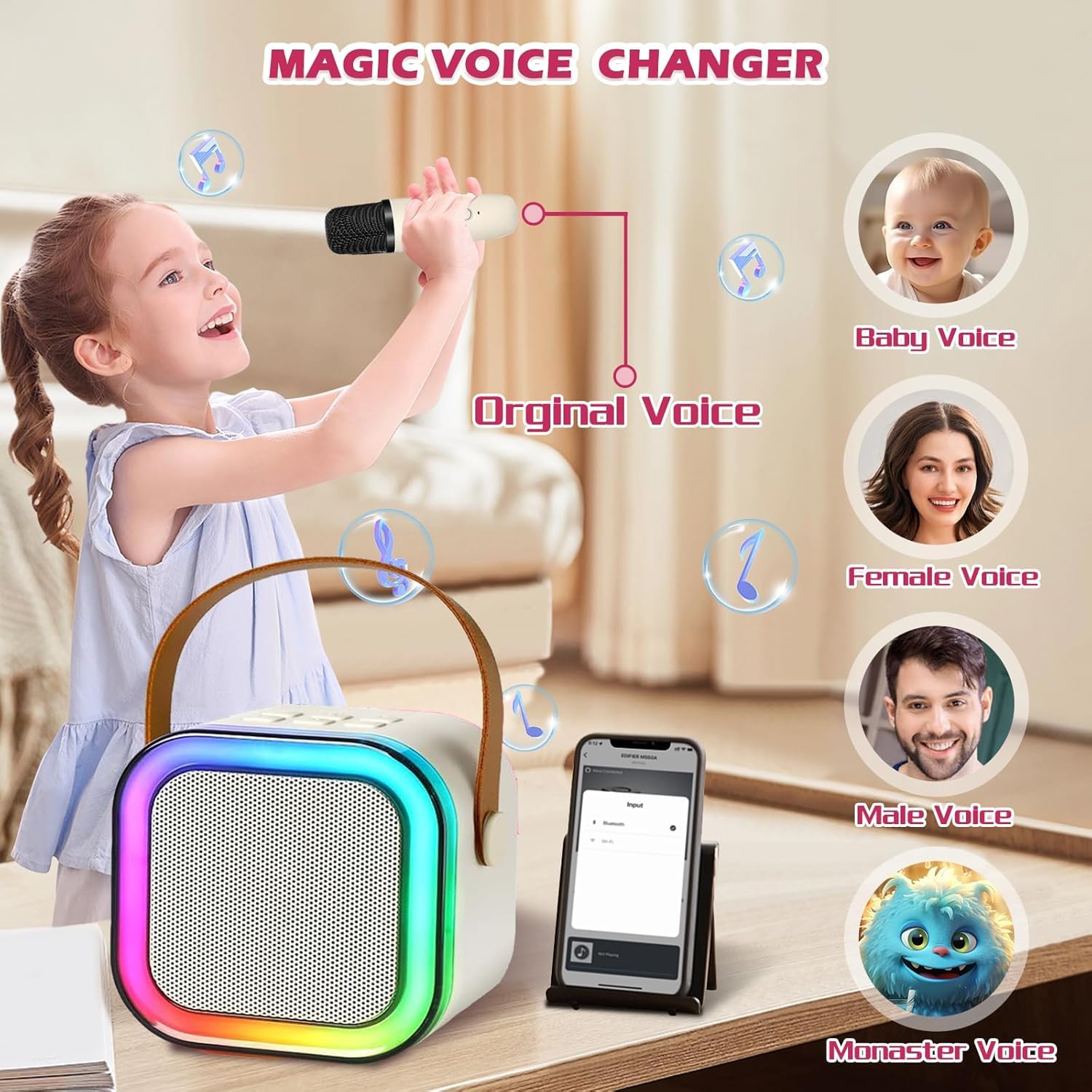 JJYEITUO Mini Karaoke Machine for Kids with 2 Wireless Mics, LED Lights, Voice Change, Beige