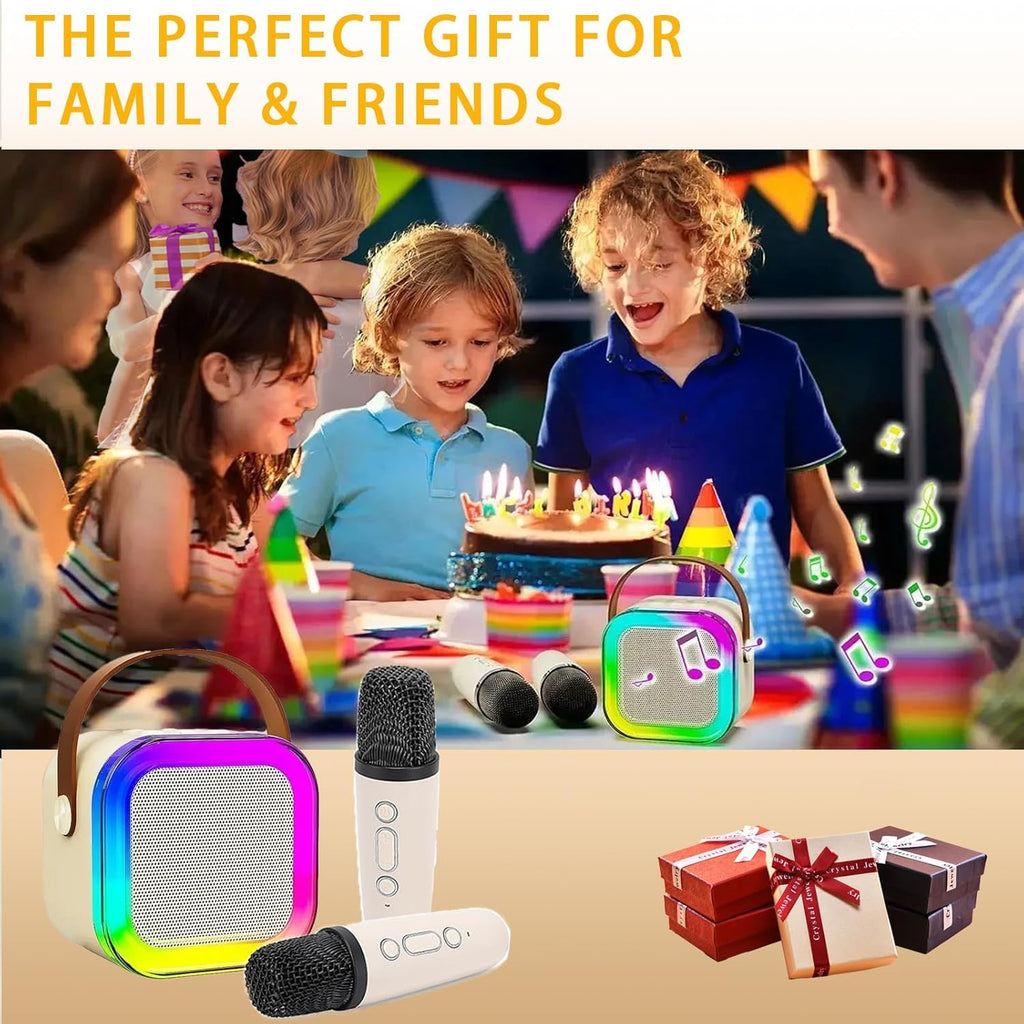JJYEITUO Mini Karaoke Machine for Kids with 2 Wireless Mics, LED Lights, Voice Change, Beige