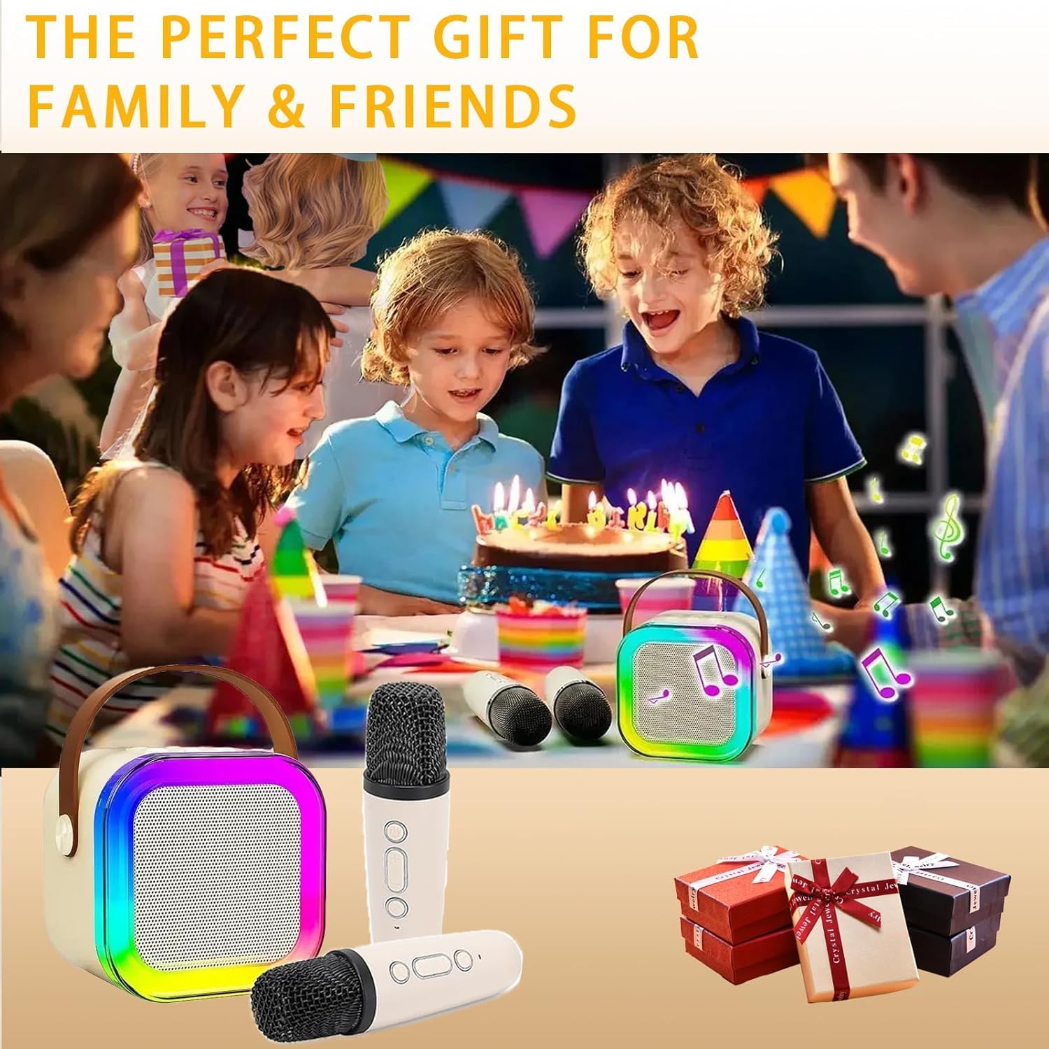 JJYEITUO Mini Karaoke Machine for Kids with 2 Wireless Mics, LED Lights, Voice Change, Beige
