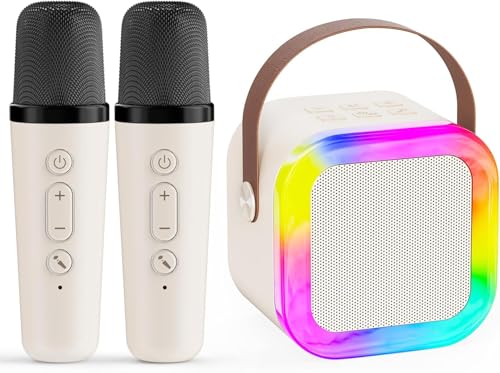 JJYEITUO Mini Karaoke Machine for Kids with 2 Wireless Mics, LED Lights, Voice Change, Beige