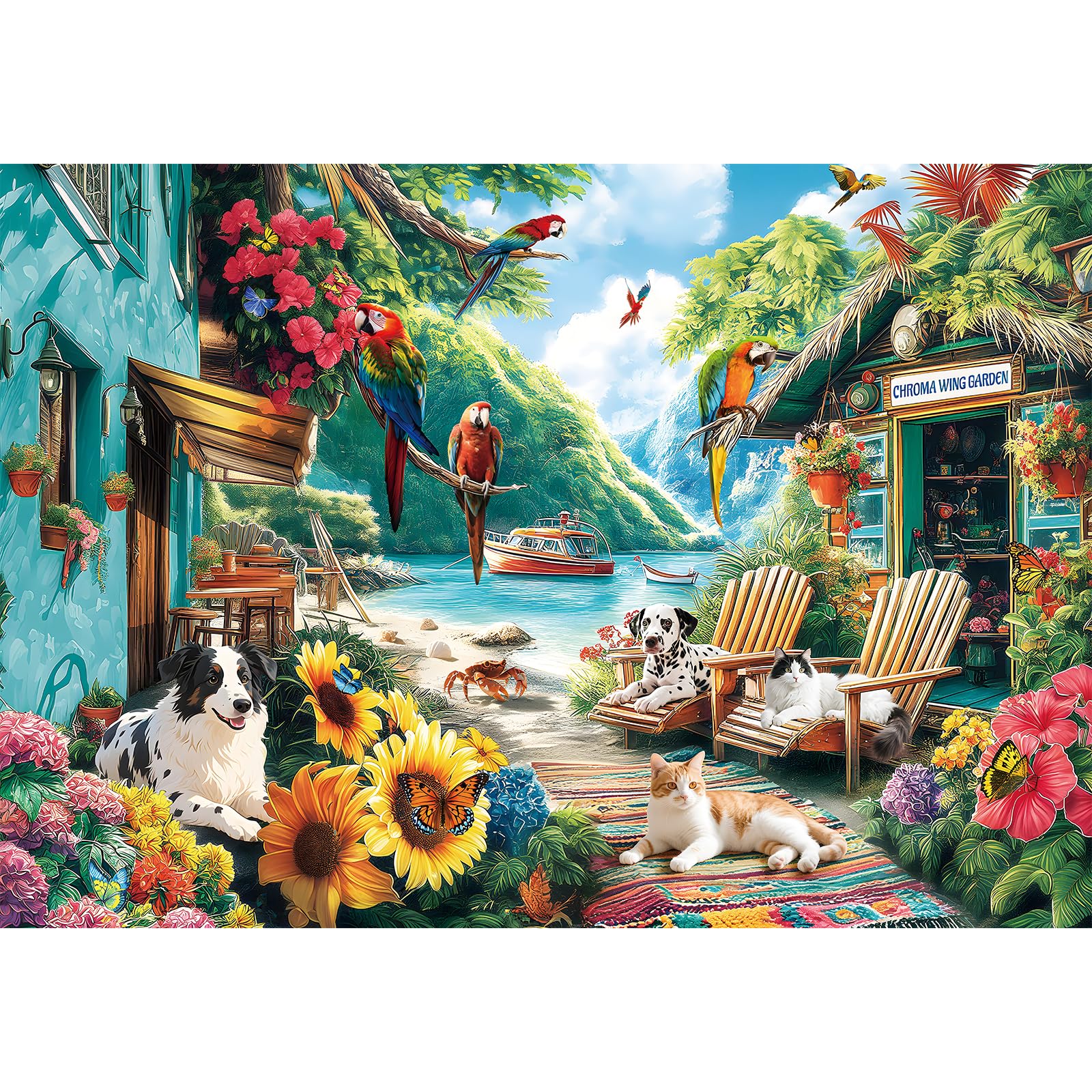 JJYHULK 2000 Piece Puzzle for Adults – Summer Seaside with Flowers, Dogs & Parrots – 39" x 28" Jigsaw