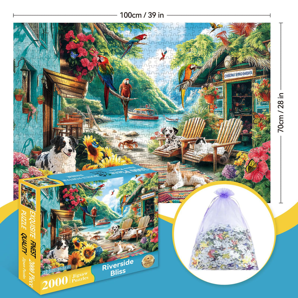 JJYHULK 2000 Piece Puzzle for Adults – Summer Seaside with Flowers, Dogs & Parrots – 39" x 28" Jigsaw