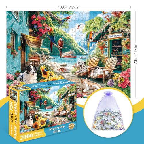 JJYHULK 2000 Piece Puzzle for Adults – Summer Seaside with Flowers, Dogs & Parrots – 39" x 28" Jigsaw