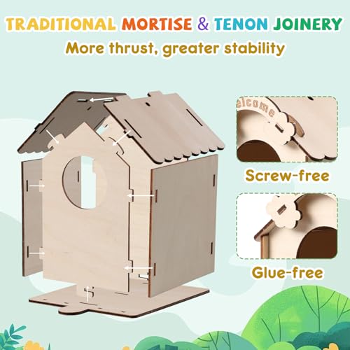 JMMICO Paint Your Own Birdhouses - Wooden Painting Crafts Kit for Kids Ages 8-12, DIY Bird House and Woodpecker Doorbell, All-In-One Set