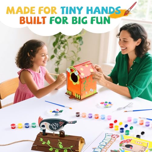 JMMICO Paint Your Own Birdhouses - Wooden Painting Crafts Kit for Kids Ages 8-12, DIY Bird House and Woodpecker Doorbell, All-In-One Set