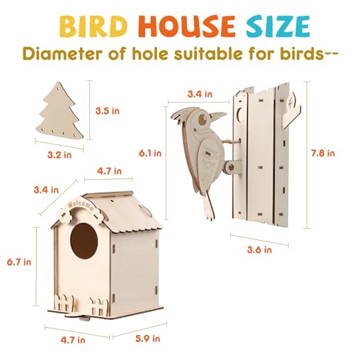 JMMICO Paint Your Own Birdhouses - Wooden Painting Crafts Kit for Kids Ages 8-12, DIY Bird House and Woodpecker Doorbell, All-In-One Set