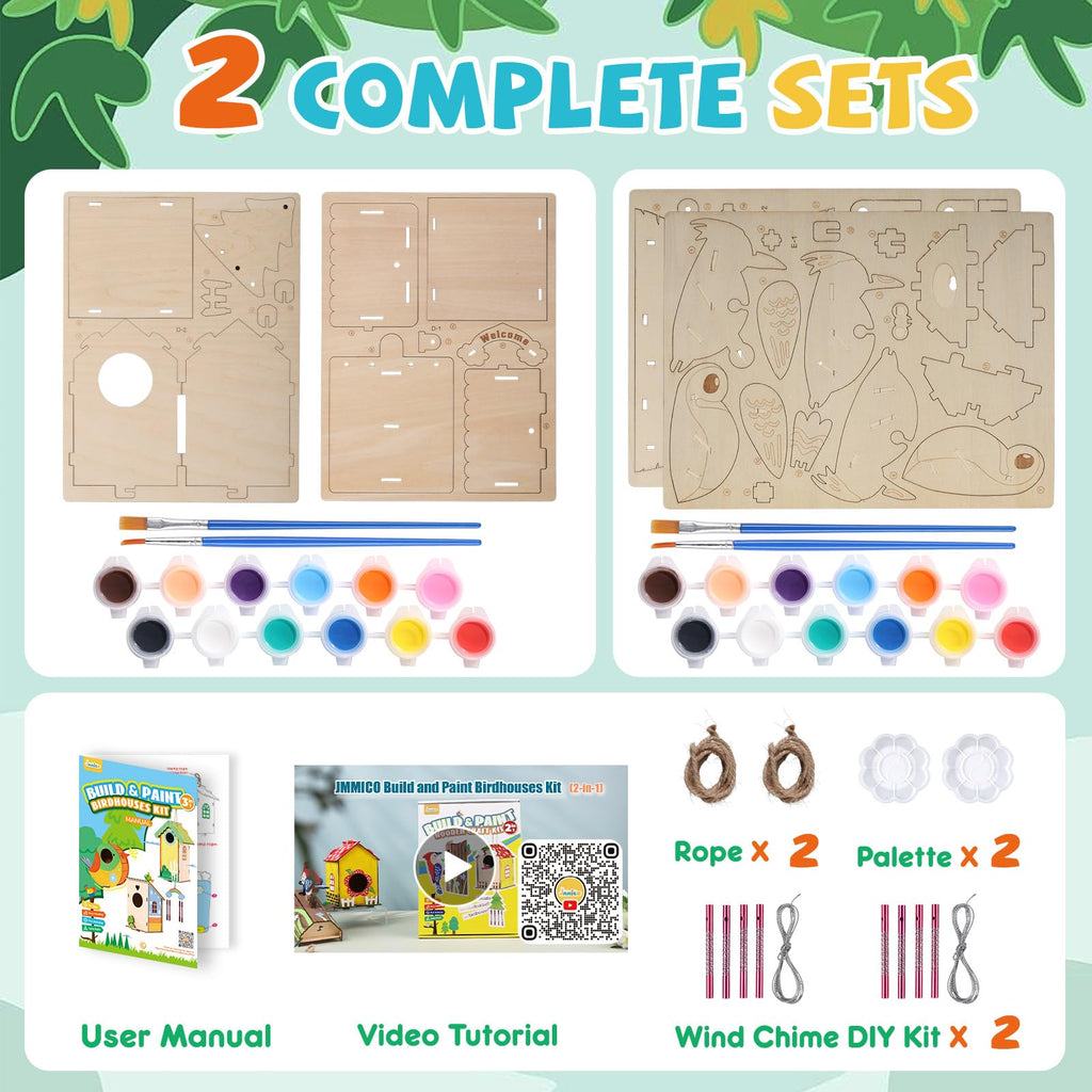 JMMICO Paint Your Own Birdhouses - Wooden Painting Crafts Kit for Kids Ages 8-12, DIY Bird House and Woodpecker Doorbell, All-In-One Set