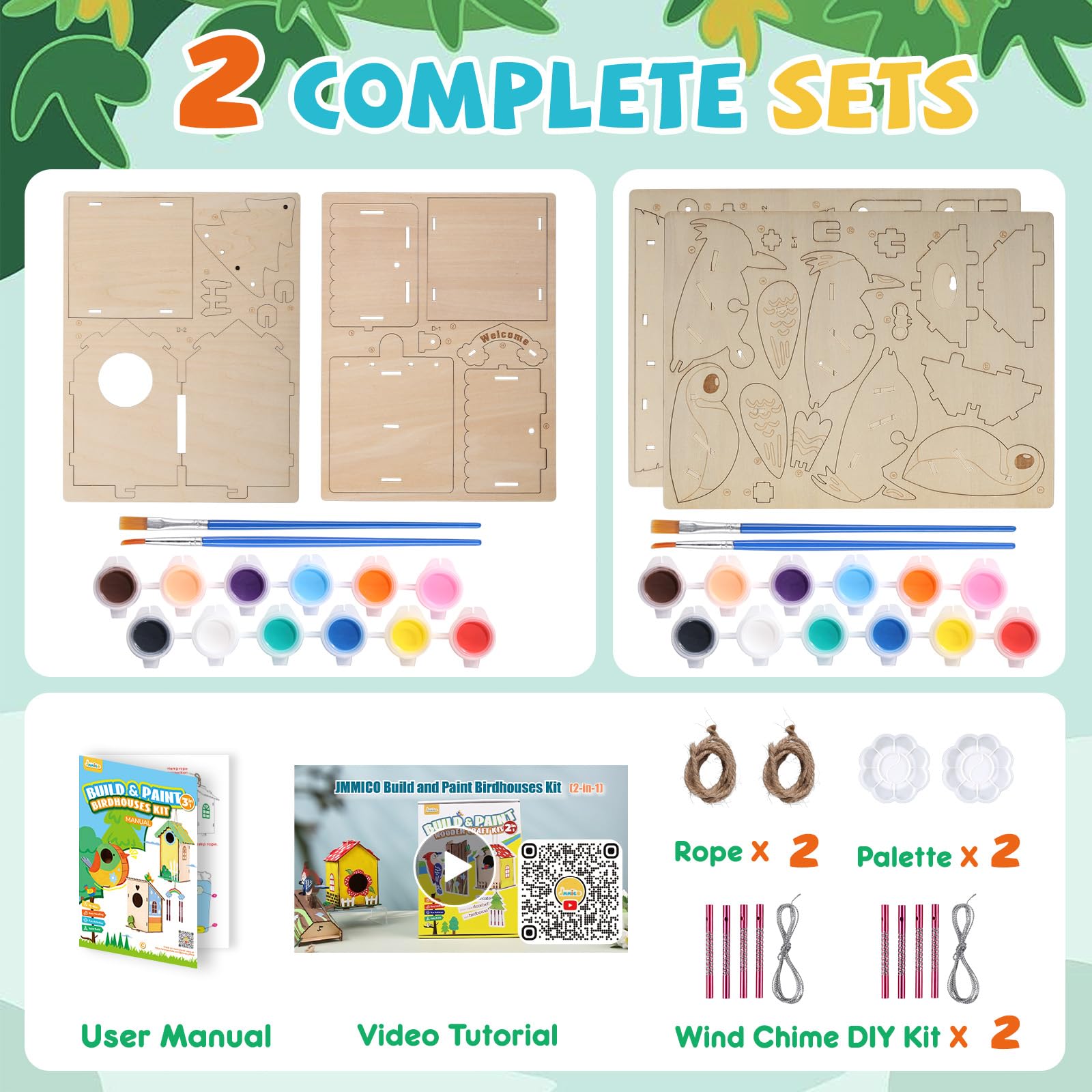 JMMICO Paint Your Own Birdhouses - Wooden Painting Crafts Kit for Kids Ages 8-12, DIY Bird House and Woodpecker Doorbell, All-In-One Set