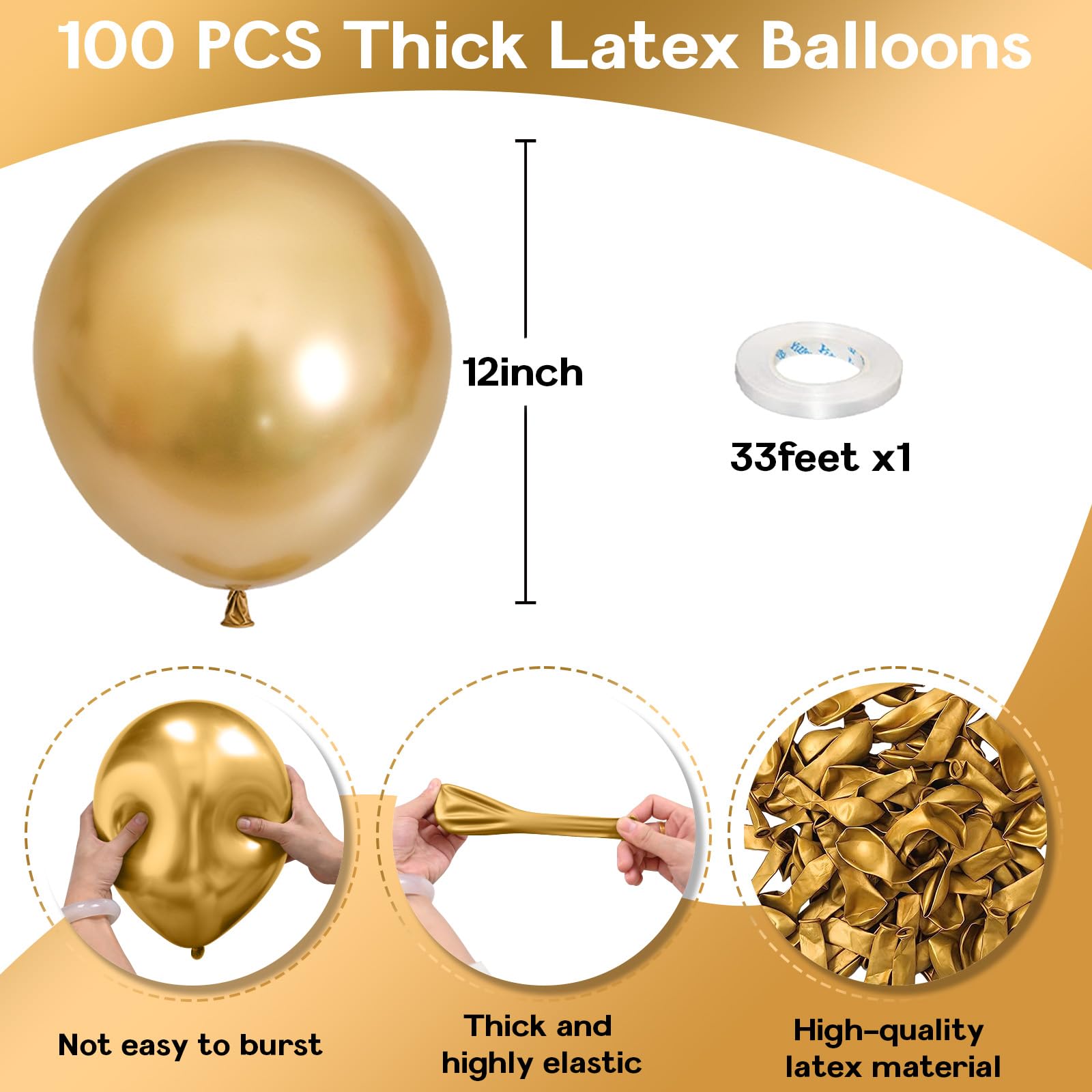 Jobkoo 100 Pack 12 Inch Gold Latex Balloons – Metallic Chrome Finish for Parties, Birthdays, Weddings, and More