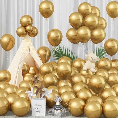 Jobkoo 100 Pack 12 Inch Gold Latex Balloons – Metallic Chrome Finish for Parties, Birthdays, Weddings, and More