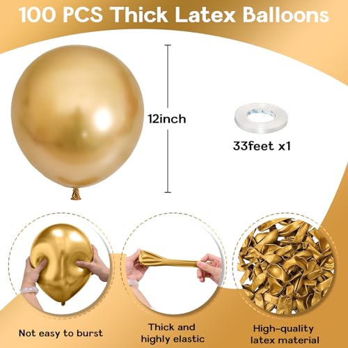 Jobkoo 100 Pack 12 Inch Gold Latex Balloons – Metallic Chrome Finish for Parties, Birthdays, Weddings, and More