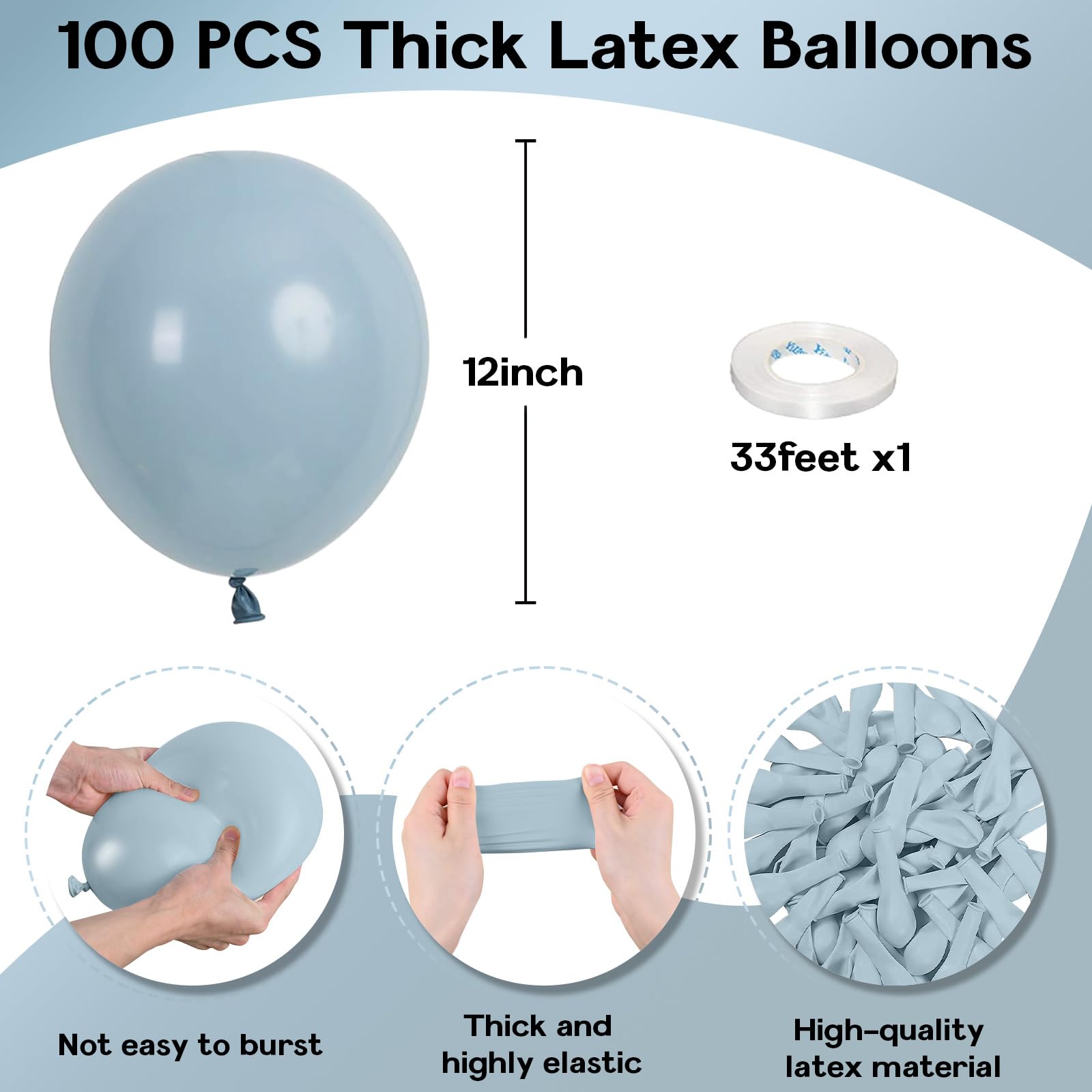 Jobkoo 100 Pack Dusty Blue Latex Balloons - 12 Inch Muted Blue Balloons for Birthday, Baby Shower, Boho Party Decorations