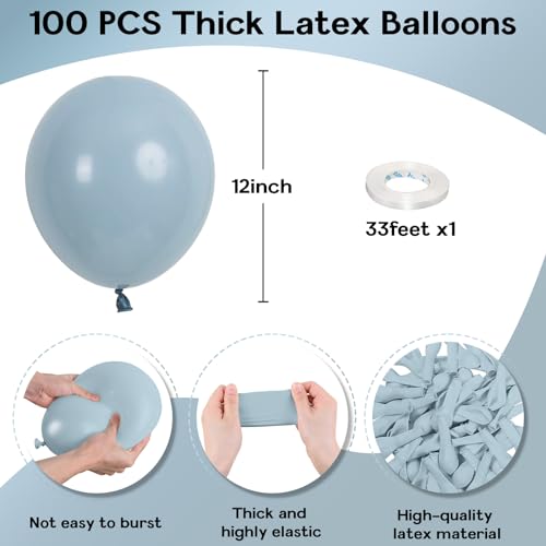 Jobkoo 100 Pack Dusty Blue Latex Balloons - 12 Inch Muted Blue Balloons for Birthday, Baby Shower, Boho Party Decorations