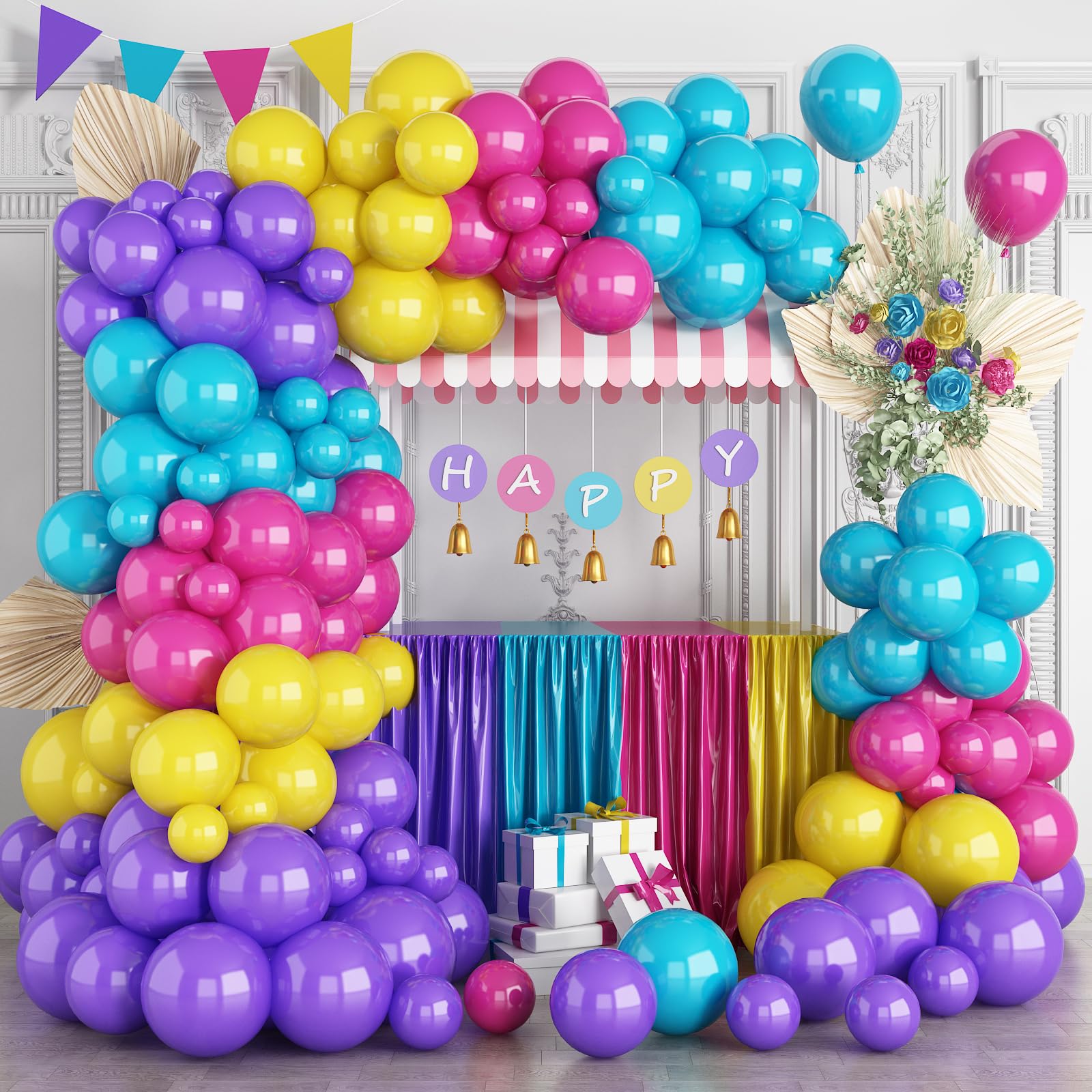 Jobkoo 132-Piece Pastel Balloon Arch Kit - Hot Pink, Teal, Yellow, Purple for Birthday Parties