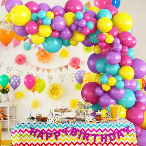 Jobkoo 132-Piece Pastel Balloon Arch Kit - Hot Pink, Teal, Yellow, Purple for Birthday Parties