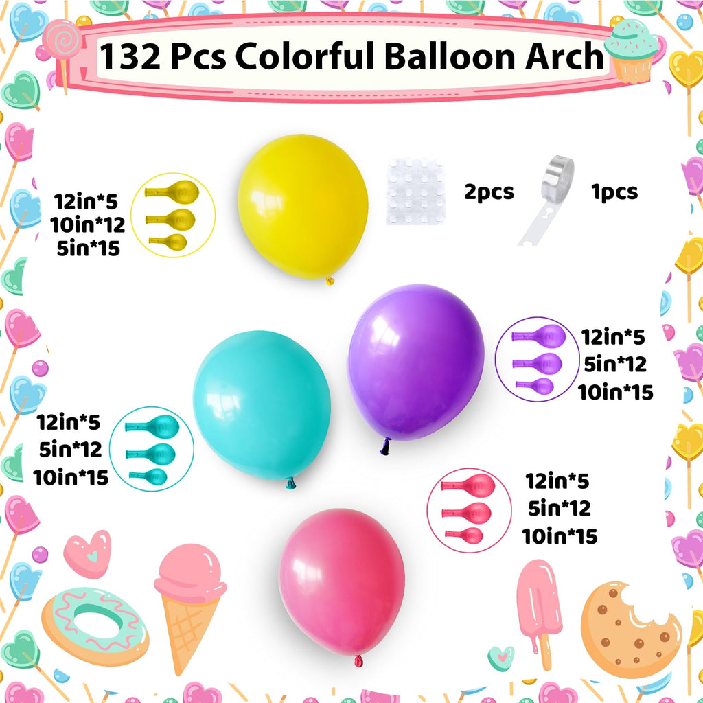 Jobkoo 132-Piece Pastel Balloon Arch Kit - Hot Pink, Teal, Yellow, Purple for Birthday Parties