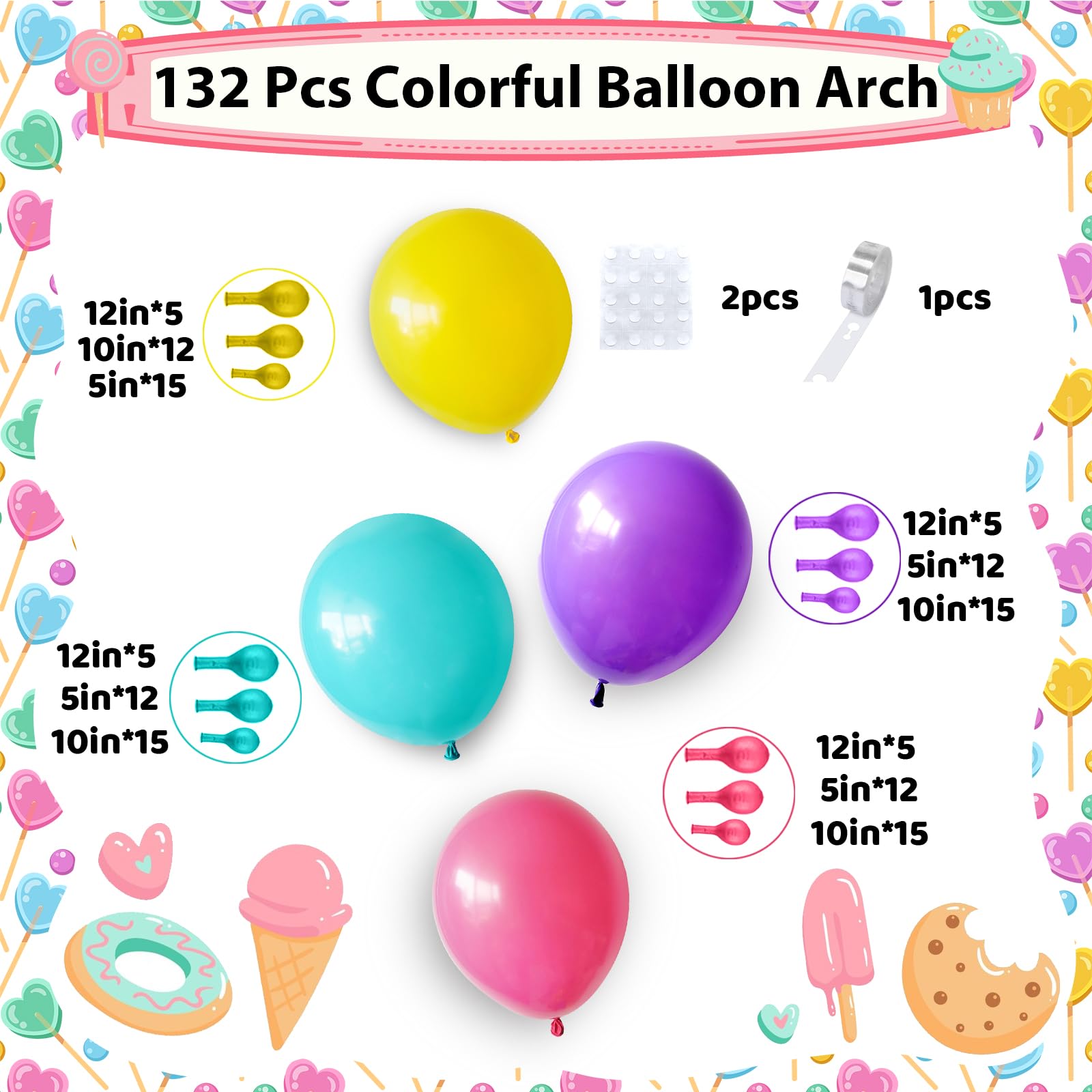 Jobkoo 132-Piece Pastel Balloon Arch Kit - Hot Pink, Teal, Yellow, Purple for Birthday Parties