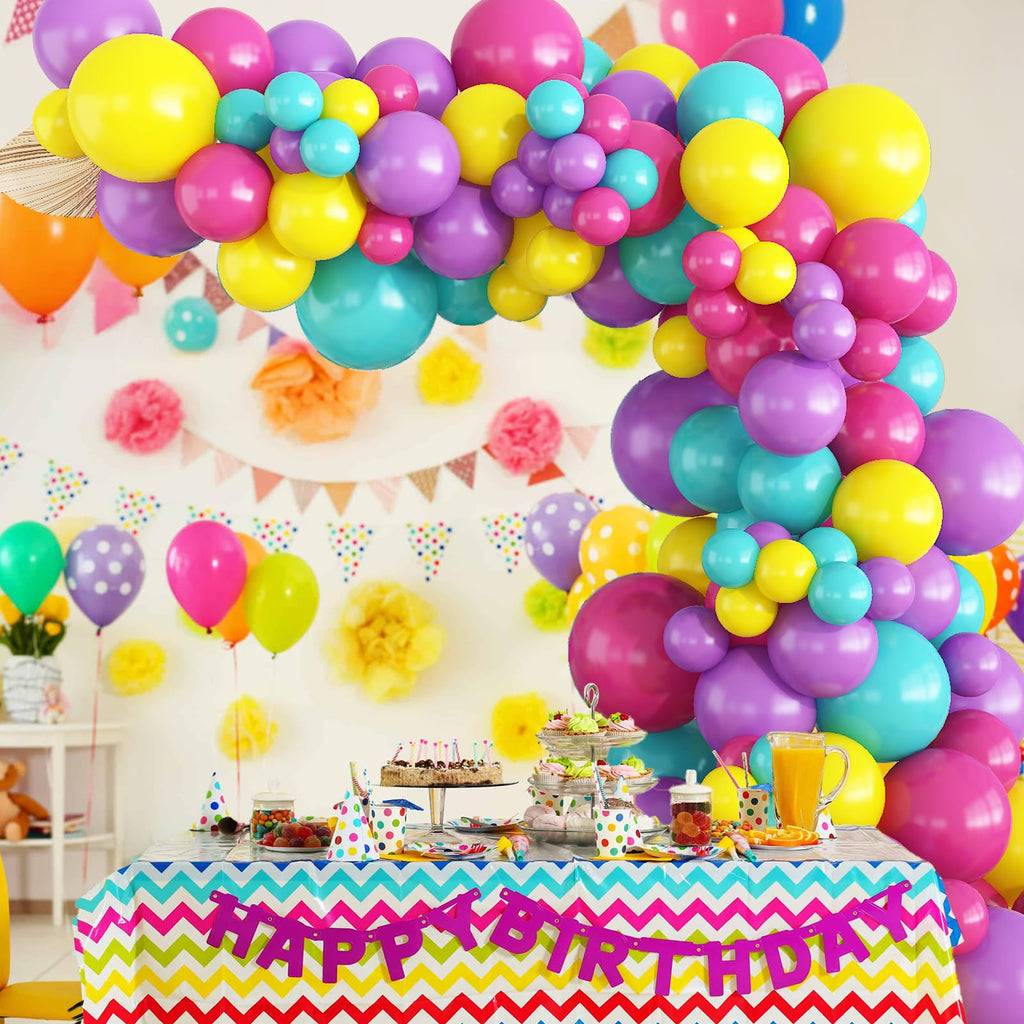 Jobkoo 132-Piece Pastel Balloon Arch Kit - Hot Pink, Teal, Yellow, Purple for Birthday Parties