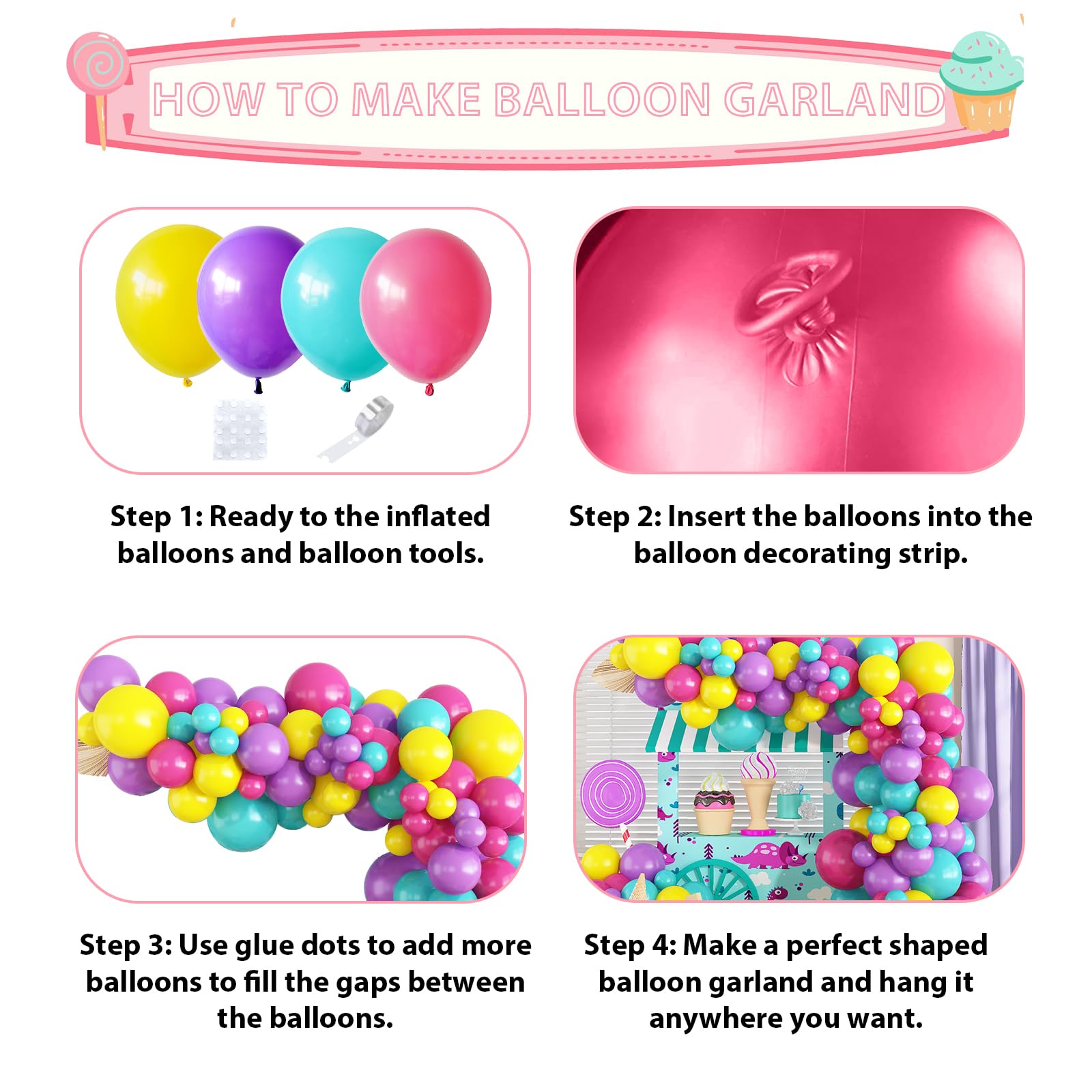 Jobkoo 132-Piece Pastel Balloon Arch Kit - Hot Pink, Teal, Yellow, Purple for Birthday Parties