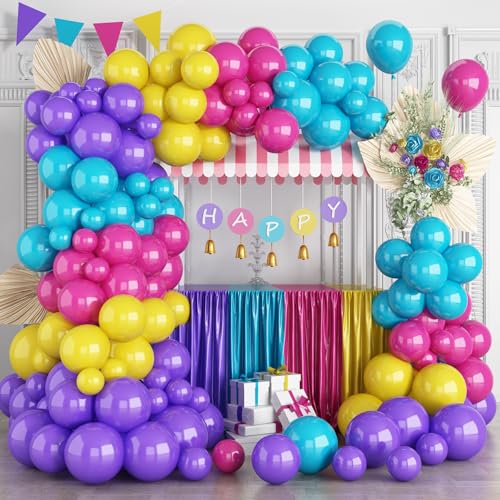 Jobkoo 132-Piece Pastel Balloon Arch Kit - Hot Pink, Teal, Yellow, Purple for Birthday Parties