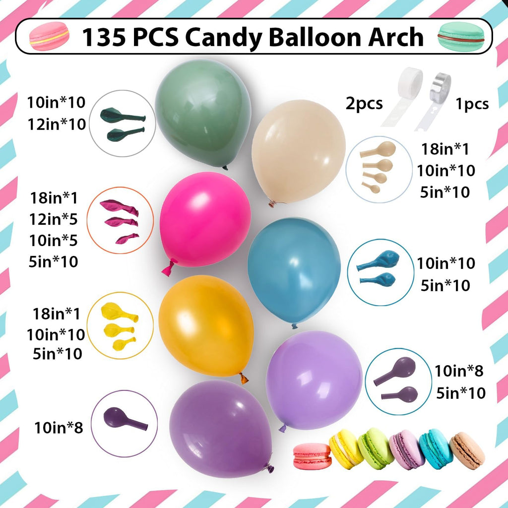 Jobkoo 135-Piece Spring Balloon Arch Kit – Pastel Candy Colors Pink Blue Purple Green Yellow for Baby Shower & Birthday Party