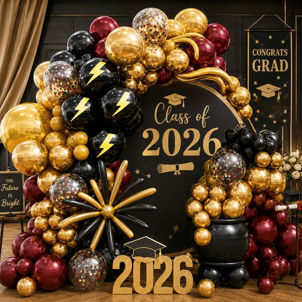 Jobkoo 144PC Magic Balloons Arch Kit - Burgundy Black Gold Balloon Garland with DIY Broom and Foil Balloons for Wizard Themed Parties