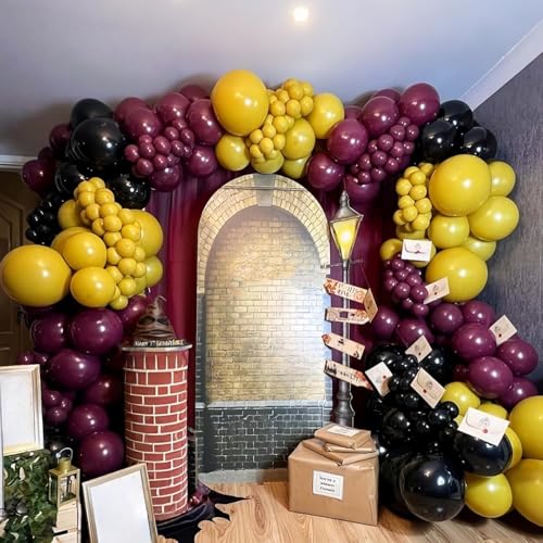 Jobkoo 144PC Magic Balloons Arch Kit - Burgundy Black Gold Balloon Garland with DIY Broom and Foil Balloons for Wizard Themed Parties