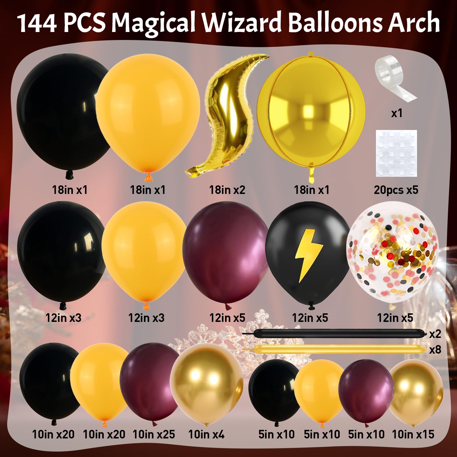 Jobkoo 144PC Magic Balloons Arch Kit - Burgundy Black Gold Balloon Garland with DIY Broom and Foil Balloons for Wizard Themed Parties