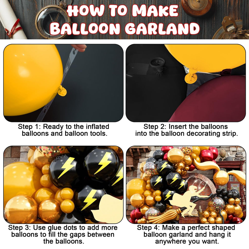 Jobkoo 144PC Magic Balloons Arch Kit - Burgundy Black Gold Balloon Garland with DIY Broom and Foil Balloons for Wizard Themed Parties