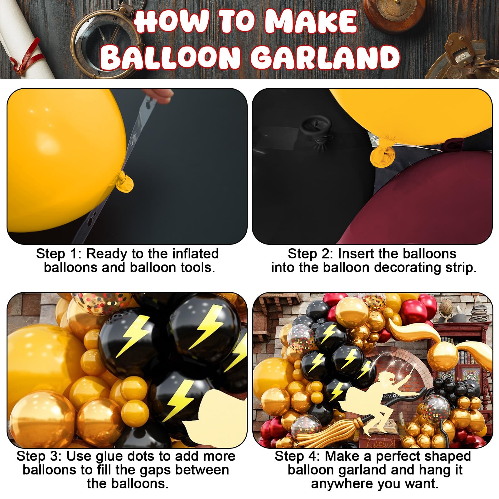 Jobkoo 144PC Magic Balloons Arch Kit - Burgundy Black Gold Balloon Garland with DIY Broom and Foil Balloons for Wizard Themed Parties
