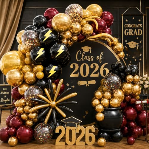 Jobkoo 144PC Magic Balloons Arch Kit - Burgundy Black Gold Balloon Garland with DIY Broom and Foil Balloons for Wizard Themed Parties