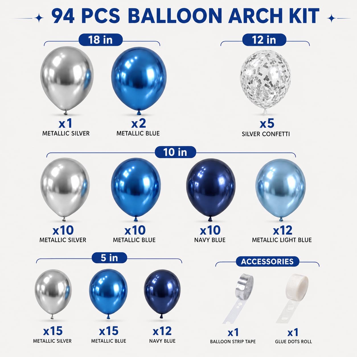 Jobkoo 94-Piece Blue & Silver Balloon Arch Garland Kit - Navy, Metallic, and Confetti Latex Balloons for Birthdays, Weddings, and Graduations