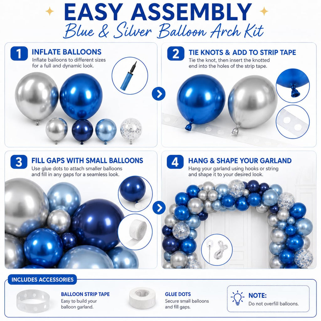 Jobkoo 94-Piece Blue & Silver Balloon Arch Garland Kit - Navy, Metallic, and Confetti Latex Balloons for Birthdays, Weddings, and Graduations