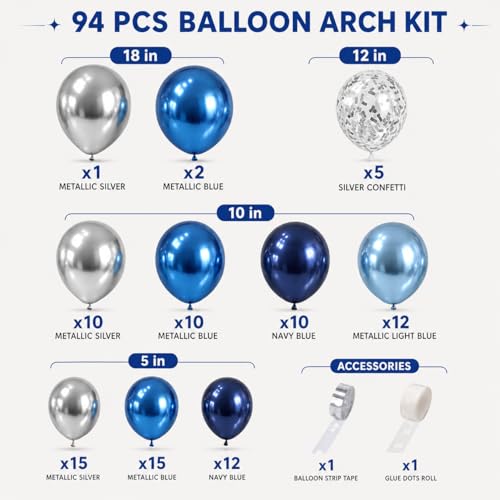 Jobkoo 94-Piece Blue & Silver Balloon Arch Garland Kit - Navy, Metallic, and Confetti Latex Balloons for Birthdays, Weddings, and Graduations
