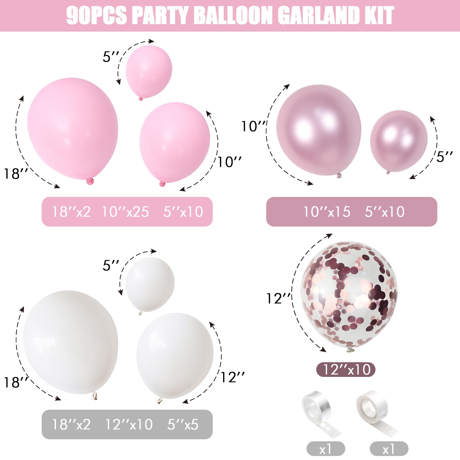 Jobkoo Pink and White Balloon Arch Kit - 91-Piece Pastel Pink, White, Metallic, and Confetti Balloon Garland Set for Baby Shower, Birthday, Wedding Decor