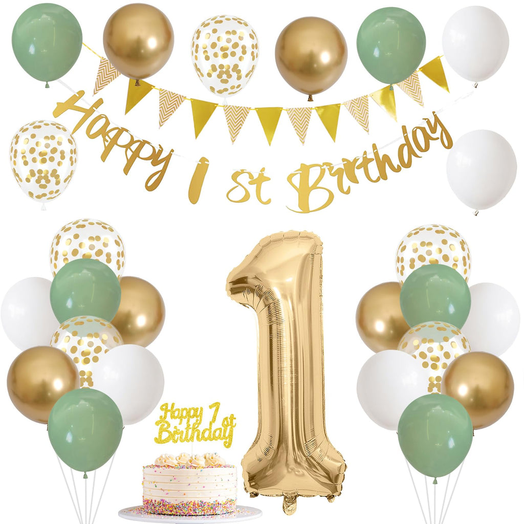 Jobkoo Sage Green Gold 1st Birthday Decorations – 24 Balloons, Banner, Bunting, Number 1 Foil Balloon for Baby's First Birthday Party