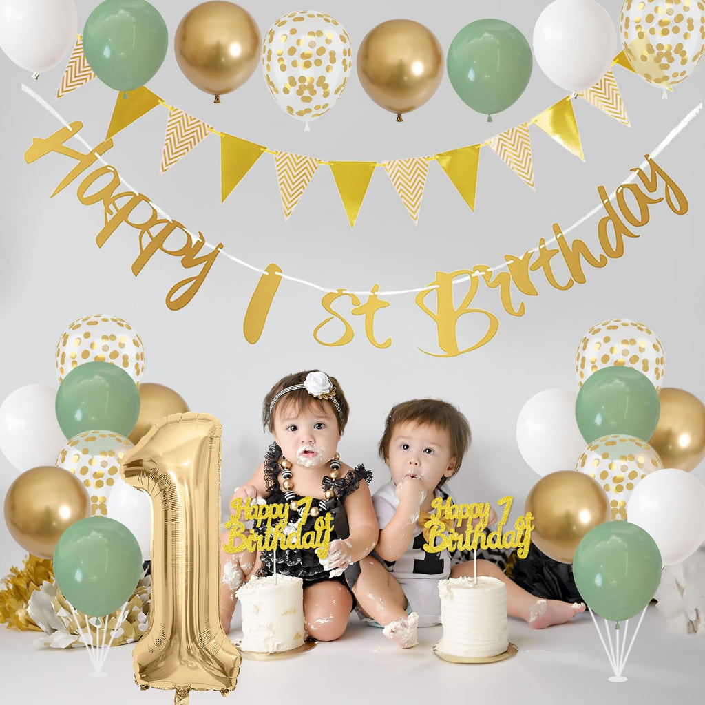 Jobkoo Sage Green Gold 1st Birthday Decorations – 24 Balloons, Banner, Bunting, Number 1 Foil Balloon for Baby's First Birthday Party