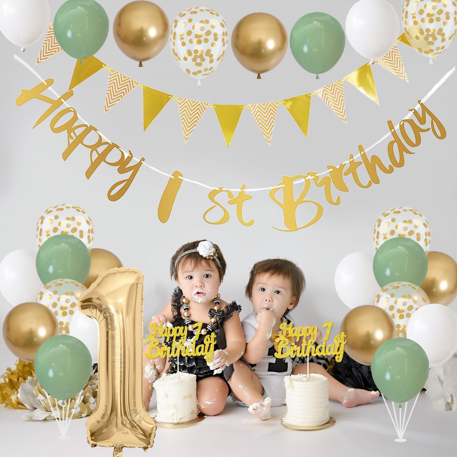 Jobkoo Sage Green Gold 1st Birthday Decorations – 24 Balloons, Banner, Bunting, Number 1 Foil Balloon for Baby's First Birthday Party