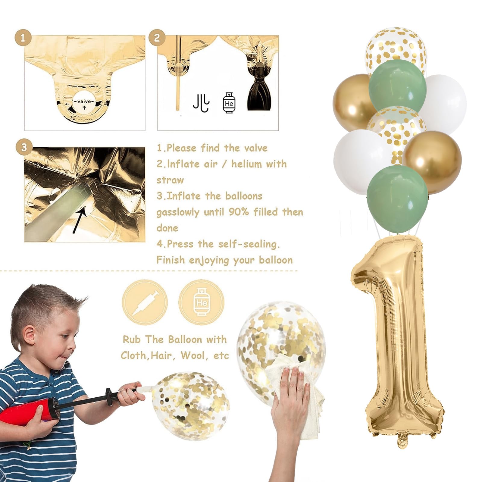 Jobkoo Sage Green Gold 1st Birthday Decorations – 24 Balloons, Banner, Bunting, Number 1 Foil Balloon for Baby's First Birthday Party