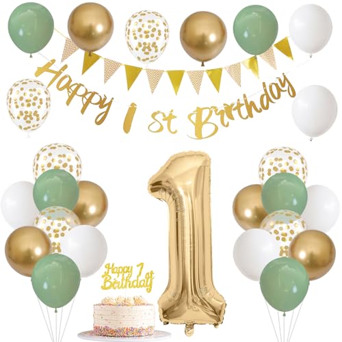 Jobkoo Sage Green Gold 1st Birthday Decorations – 24 Balloons, Banner, Bunting, Number 1 Foil Balloon for Baby's First Birthday Party