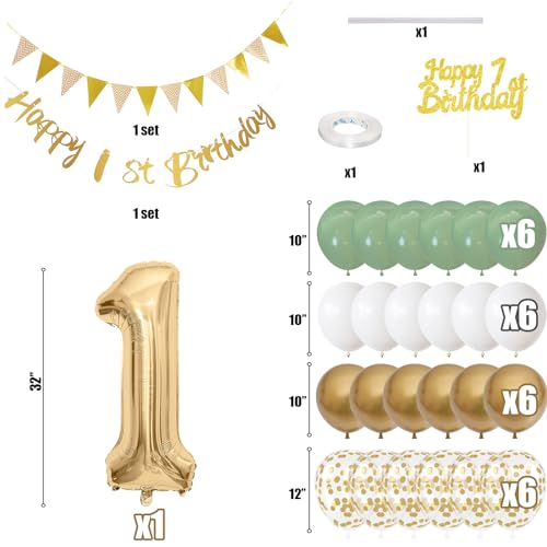 Jobkoo Sage Green Gold 1st Birthday Decorations – 24 Balloons, Banner, Bunting, Number 1 Foil Balloon for Baby's First Birthday Party