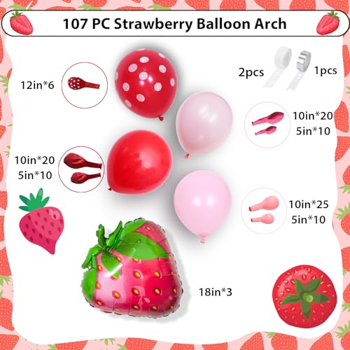 Jobkoo Strawberry Balloon Arch Kit 107 Pcs - Berry First Birthday Party Decorations with Foil & Latex Balloons