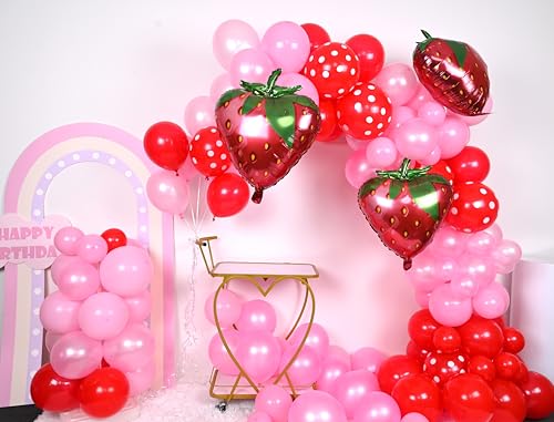 Jobkoo Strawberry Balloon Arch Kit 107 Pcs - Berry First Birthday Party Decorations with Foil & Latex Balloons