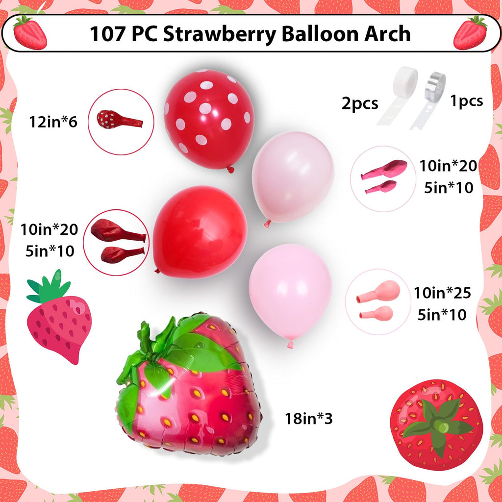 Jobkoo Strawberry Balloon Arch Kit 107 Pcs - Berry First Birthday Party Decorations with Foil & Latex Balloons