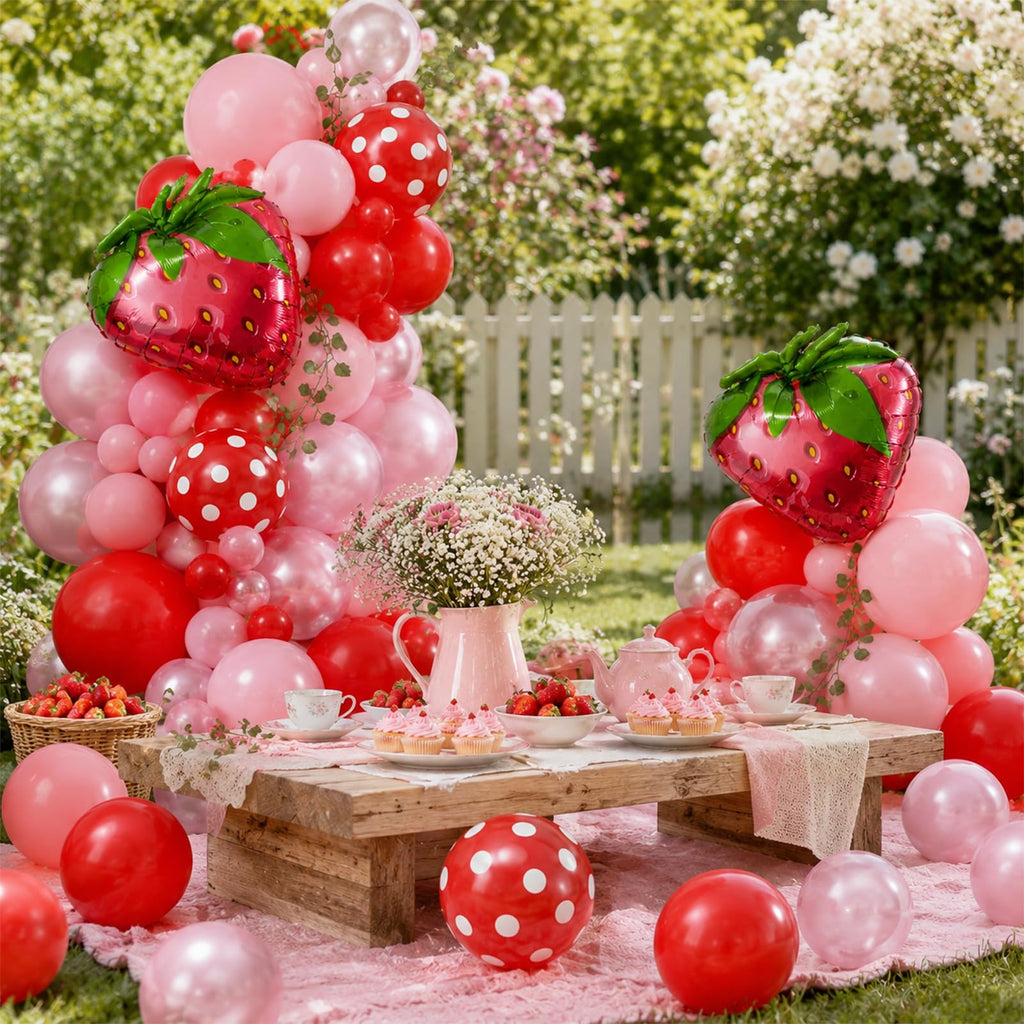 Jobkoo Strawberry Balloon Arch Kit 107 Pcs - Berry First Birthday Party Decorations with Foil & Latex Balloons