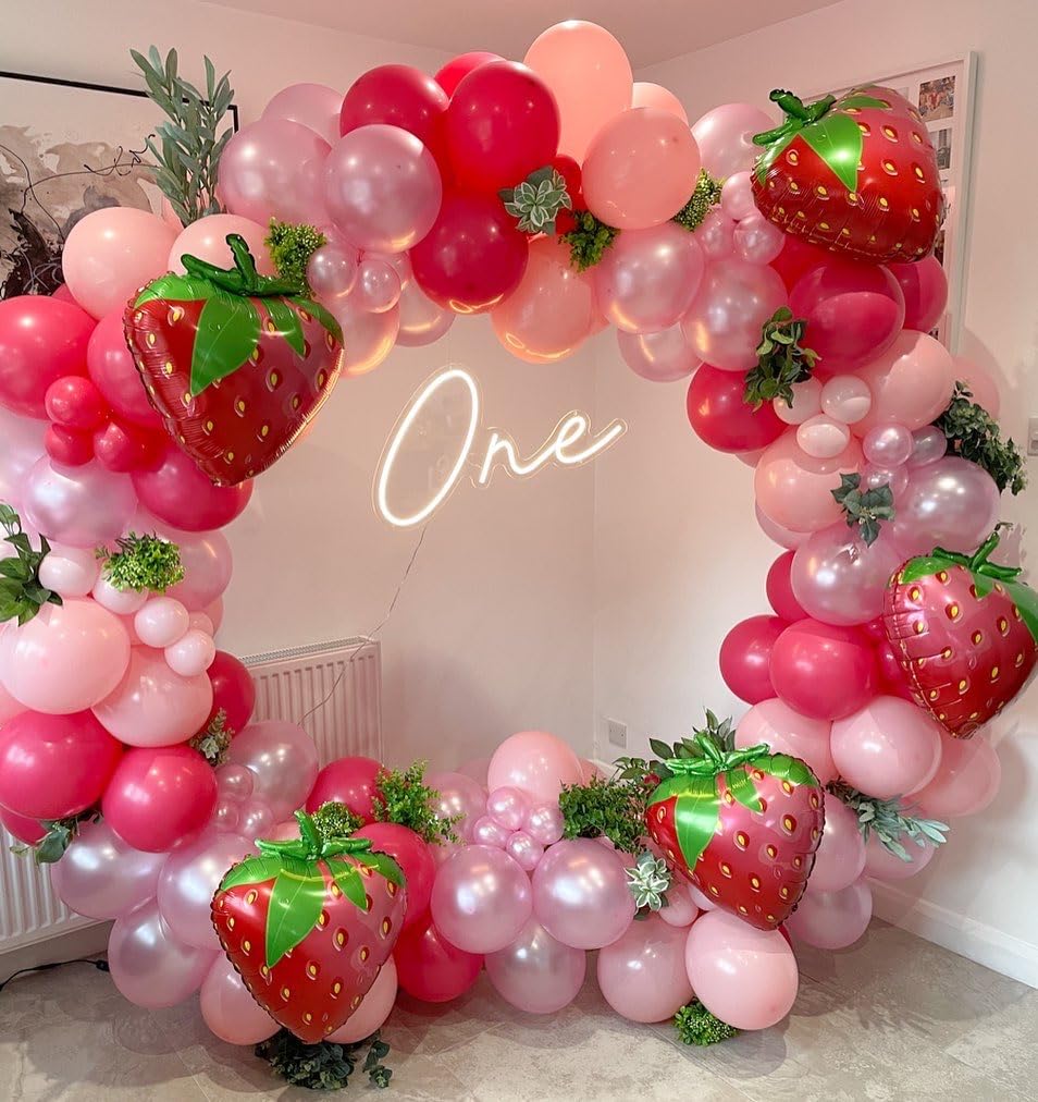 Jobkoo Strawberry Balloon Arch Kit 107 Pcs - Berry First Birthday Party Decorations with Foil & Latex Balloons