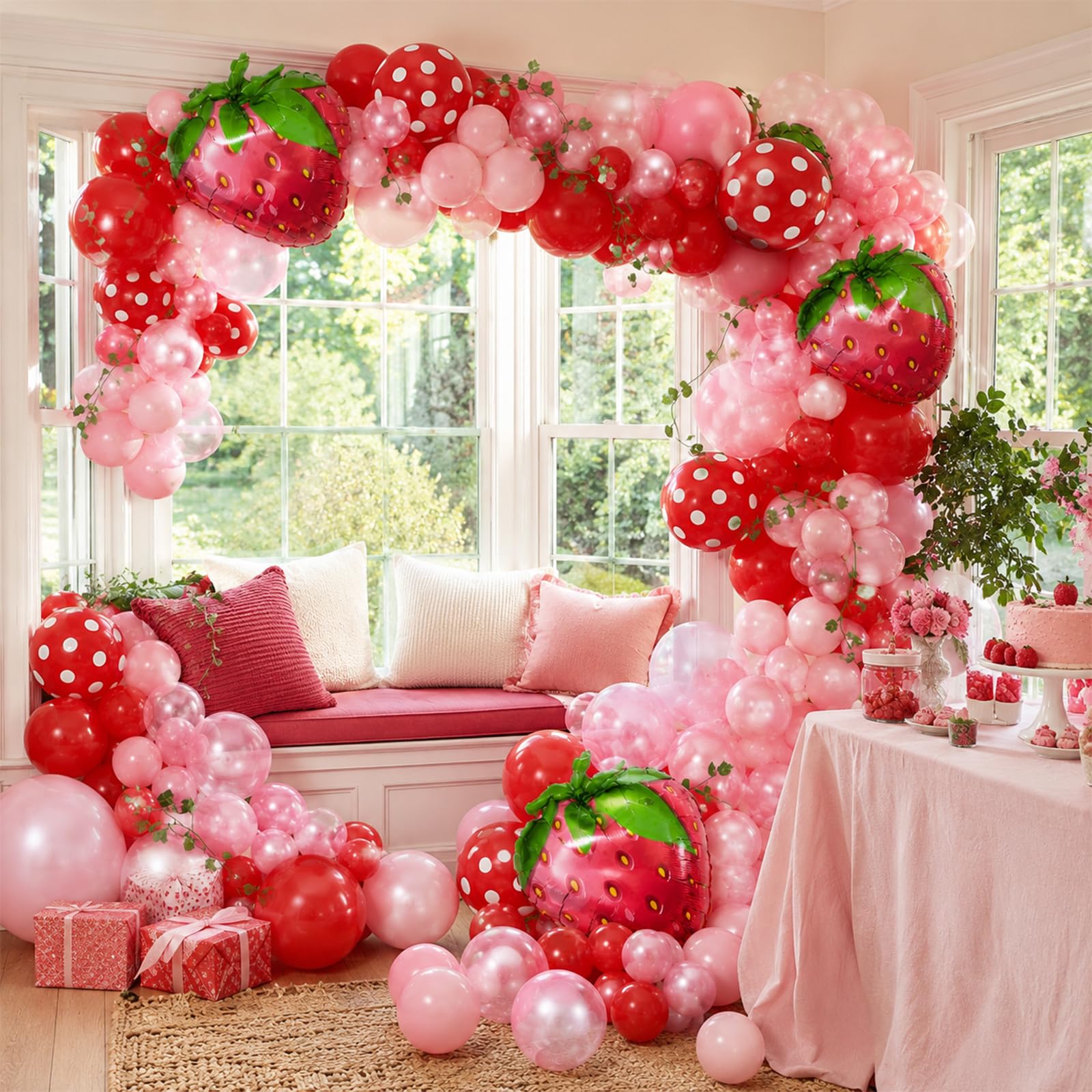 Jobkoo Strawberry Balloon Arch Kit 107 Pcs - Berry First Birthday Party Decorations with Foil & Latex Balloons