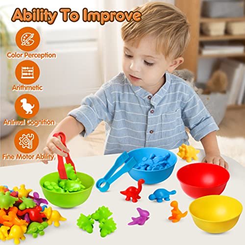 JOCHA Dinosaur Counting and Sorting Toy – 48 Dino Figures, 6 Bowls, Tweezers – Montessori STEM Learning for Toddlers 3-6